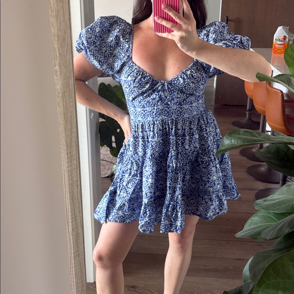 Zara Navy Floral Puff Sleeve Dress